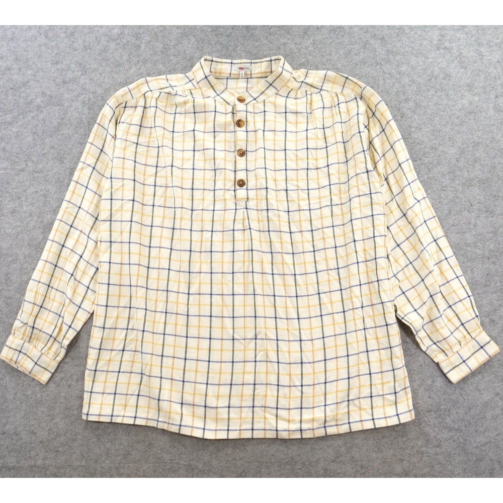 J Peterman Shirt Mens Large Yellow Plaid Band Collar Pullover Grandad Poet New